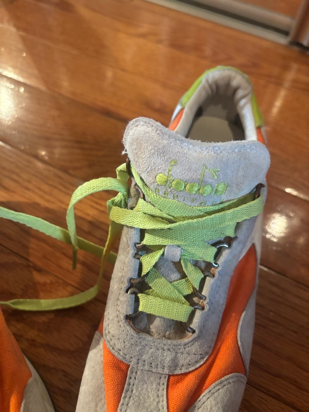 Diadora Gray Suede Sneakers with Orange Panels and Lime Laces - Picture 10 of 10